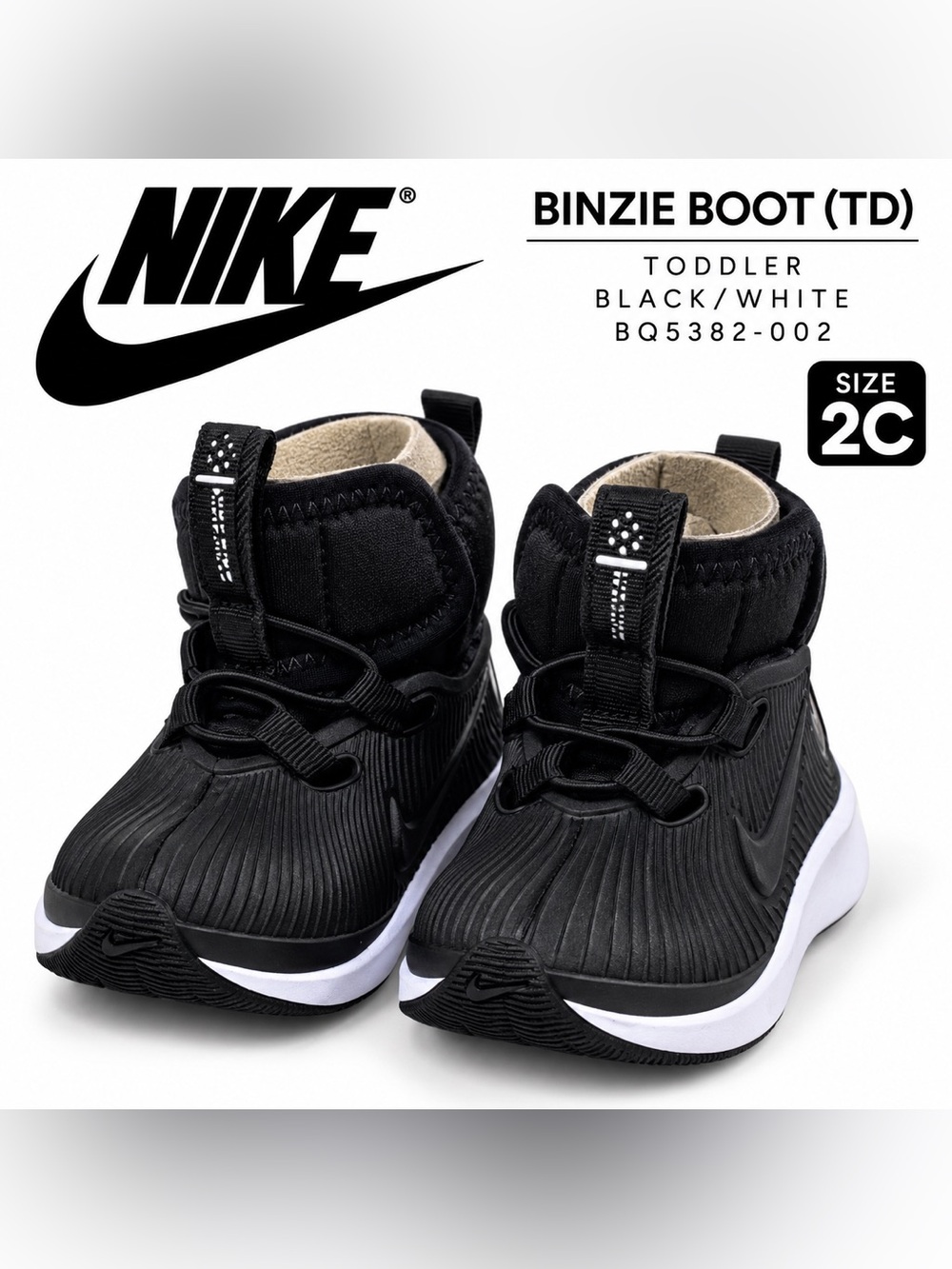 Nike Binzie Boot (TD) Baby/Toddler Size 2c Black/White BQ5382-002 Rain Boots NEW